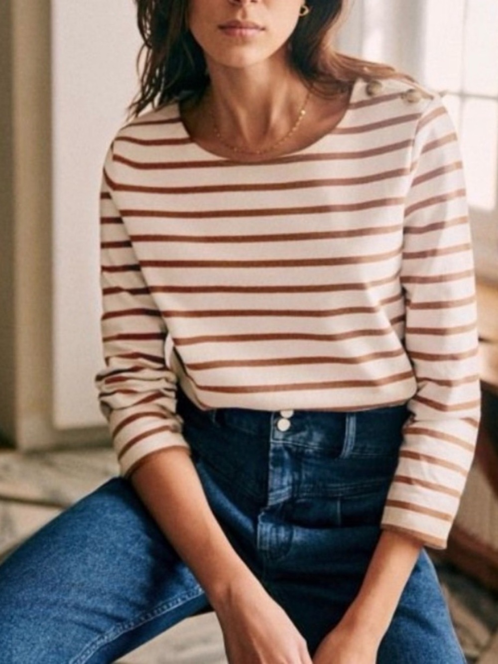 Sezane Cream and Brown Striped Boatneck Long Sleeve Top